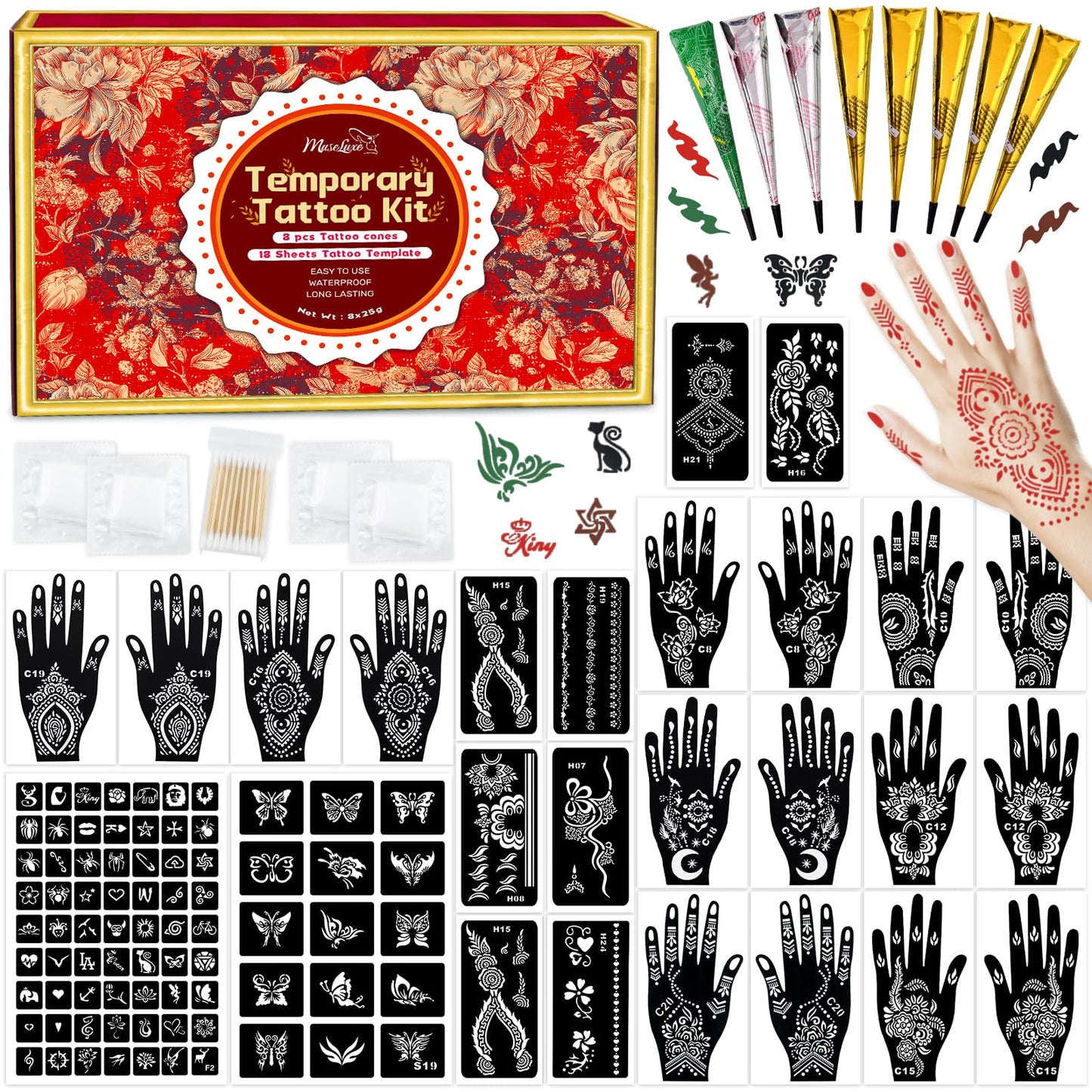 MuseLuxe Temporary Tattoos Stencils Kit,Temporary Tattoos Kit - 8 Pcs 4 Color(Brown,Black,Cherry red,Green), Ink with Gloves,DIY Body Art Painting for Women Men Adults Kids
