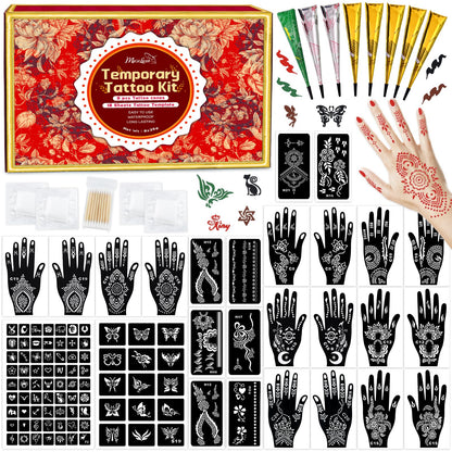 MuseLuxe Temporary Tattoos Stencils Kit,Temporary Tattoos Kit - 8 Pcs 4 Color(Brown,Black,Cherry red,Green), Ink with Gloves,DIY Body Art Painting for Women Men Adults Kids