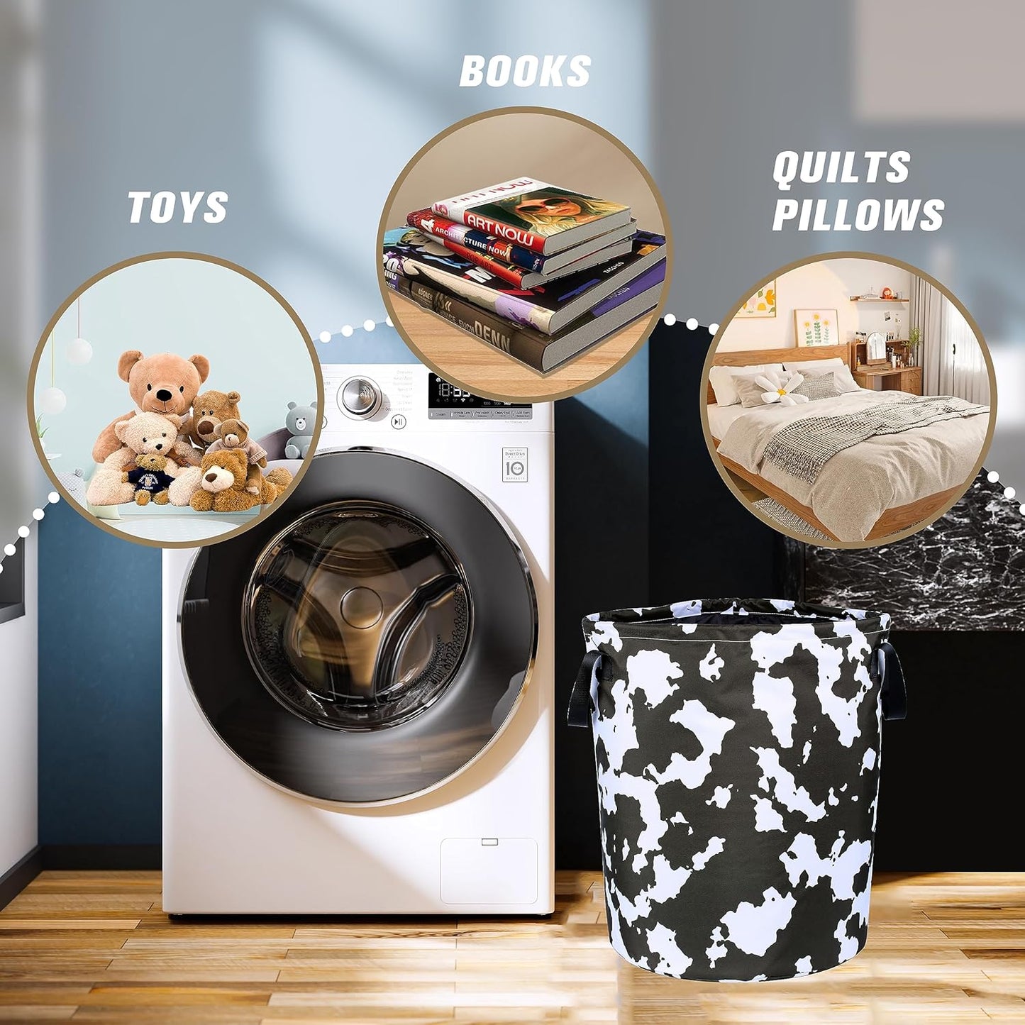 NUTAINLA 17.7x13.7 Inch Cow Texture Laundry Basket Brown White Print Foldable Oxford Cloth Funny Tote Bag Laundry