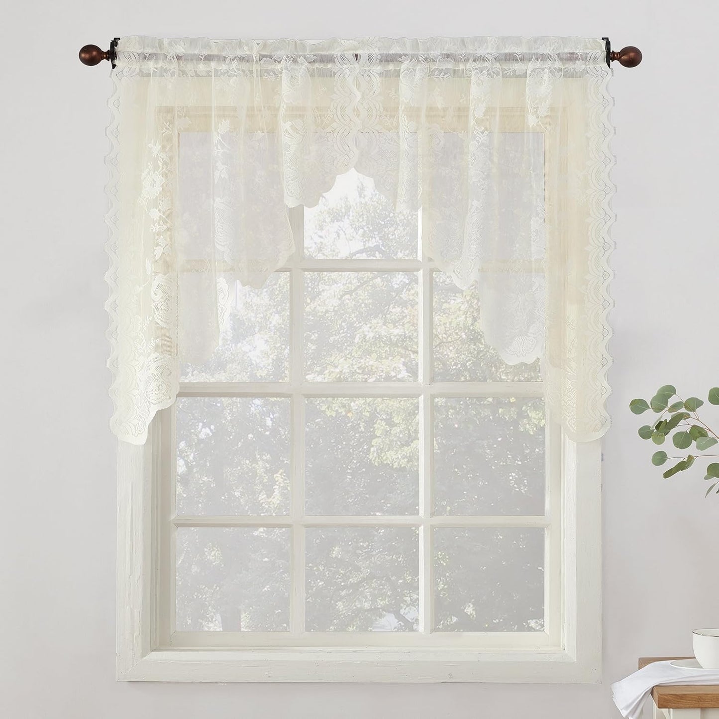 No. 918 Alison Floral Lace Sheer Kitchen Curtain Swag Pair, 58" x 38", Ivory