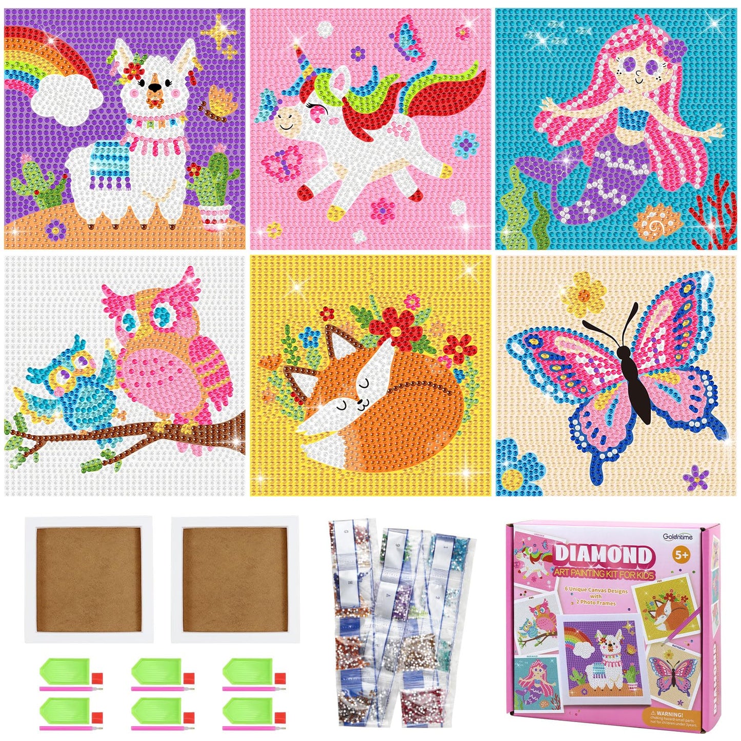 goldentime Diamond Painting Kits for Kids - 6 Canvases with 2 Frames, 18 Gem Colors, 6 Diamond Painting Tools, Creative Gem Art for Girls Ages 6-8-12, Fun Kids Diamond Art & Gem Painting Activity