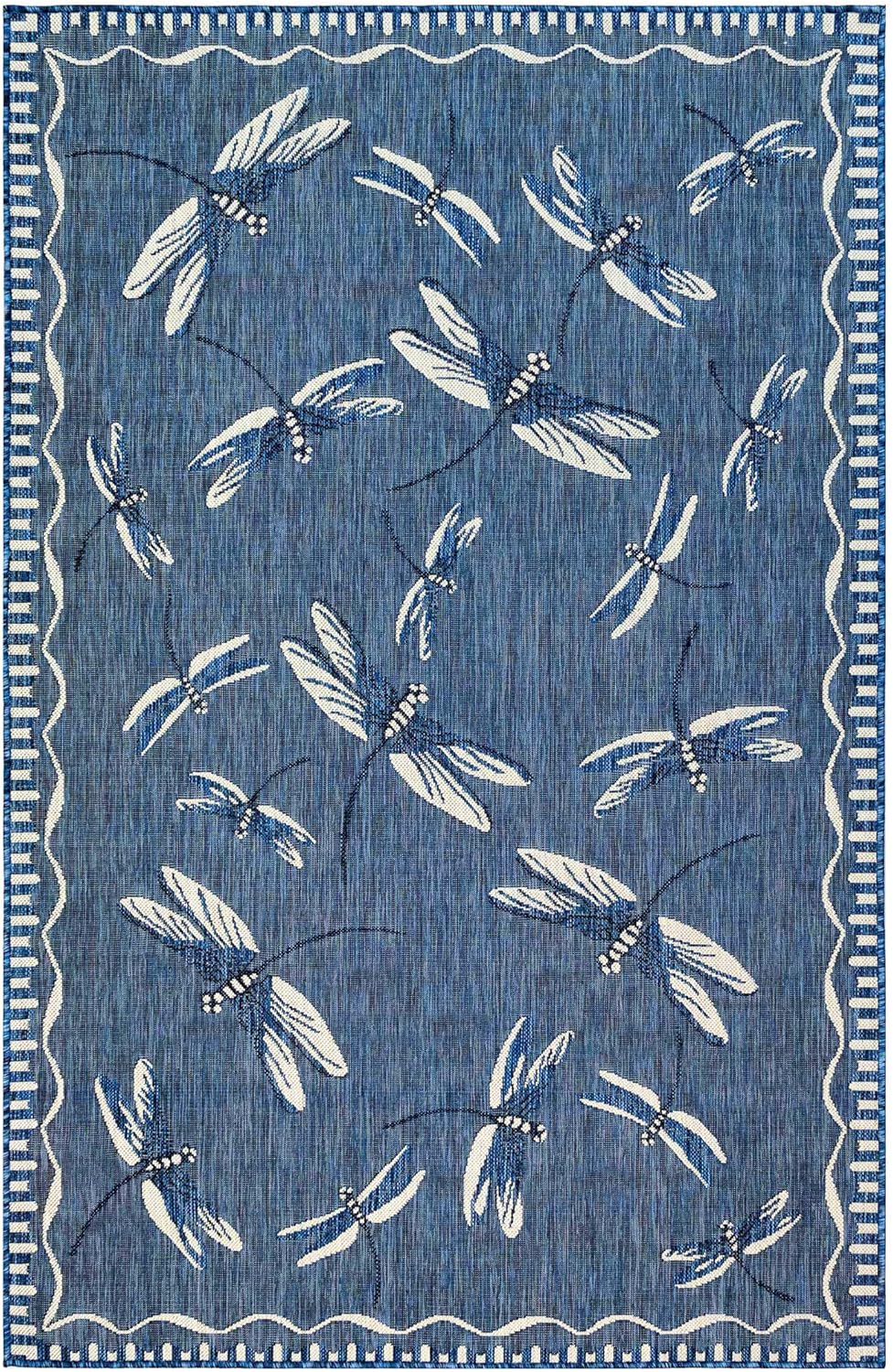 Liora Manne Carmel Low Profile Indoor/Outdoor Woven Rug, Decorative Botanical Dragonfly in Navy, 3'3" x 4'11"