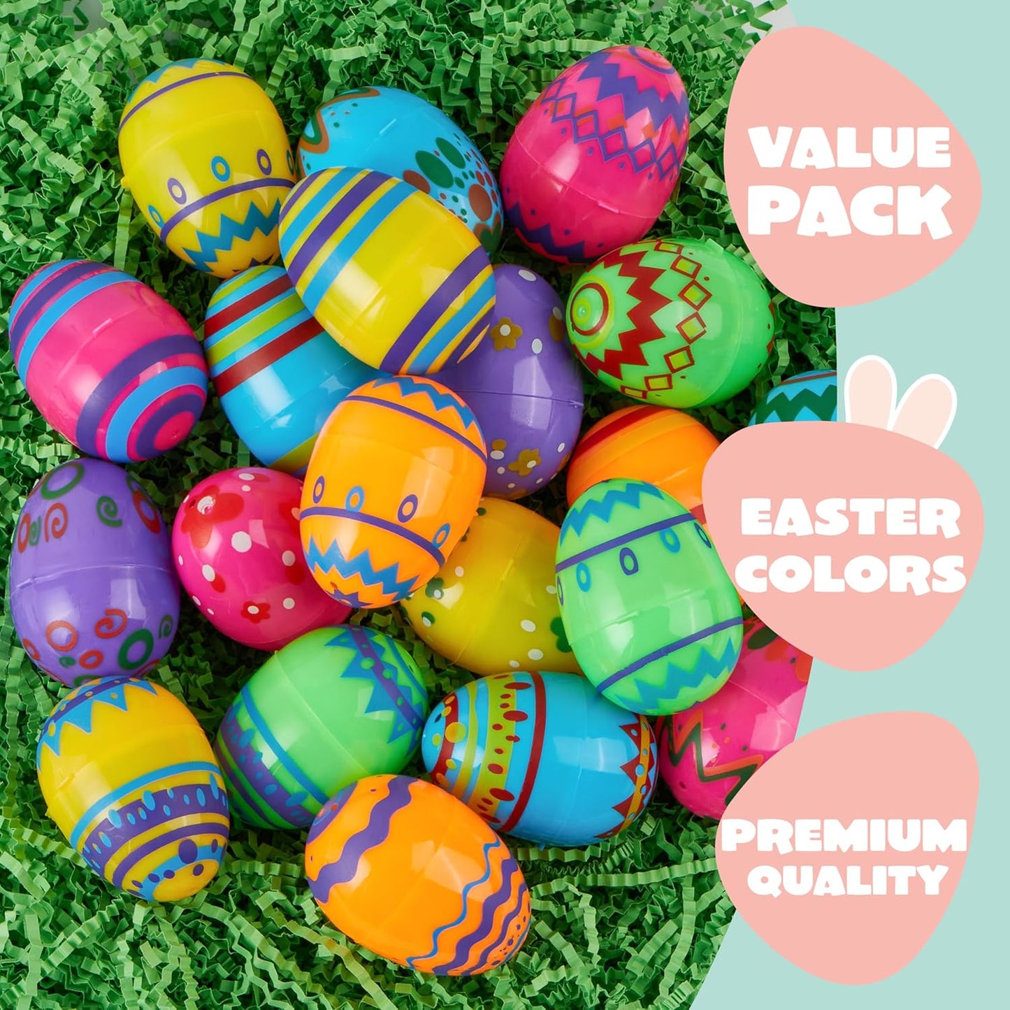 24PCS 2.3" JOYIN Printed Empty Colorful Plastic Eggs Fillable, Bright Plastic Eggs Bulks for Festival Hunt, Filling