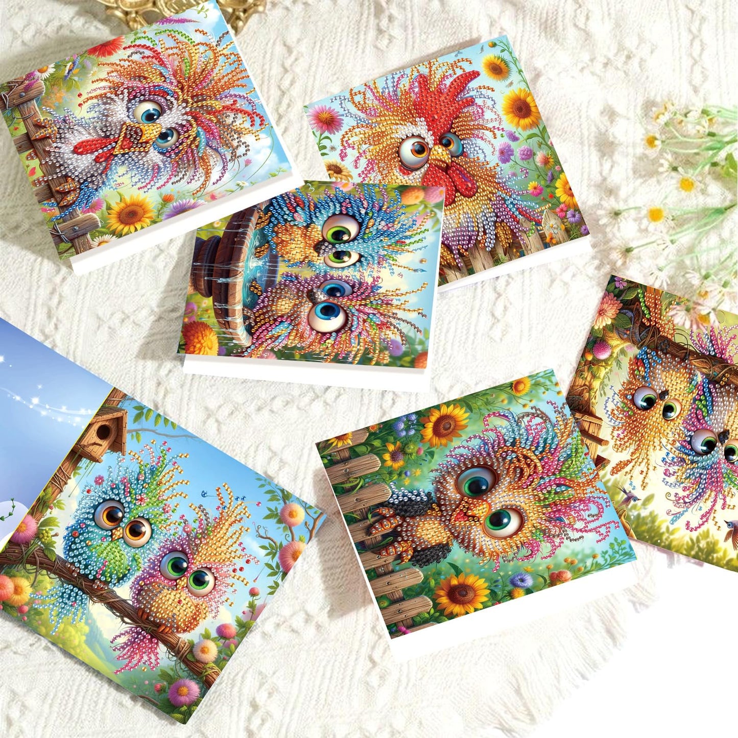 LazyFold 8Pcs DIY Diamond Art Painting Greeting Cards with Envelopes, Crazy Birds All Occasion Note Card Kit for Women, Handmade Thank You Birthday Friendship Cards Gift