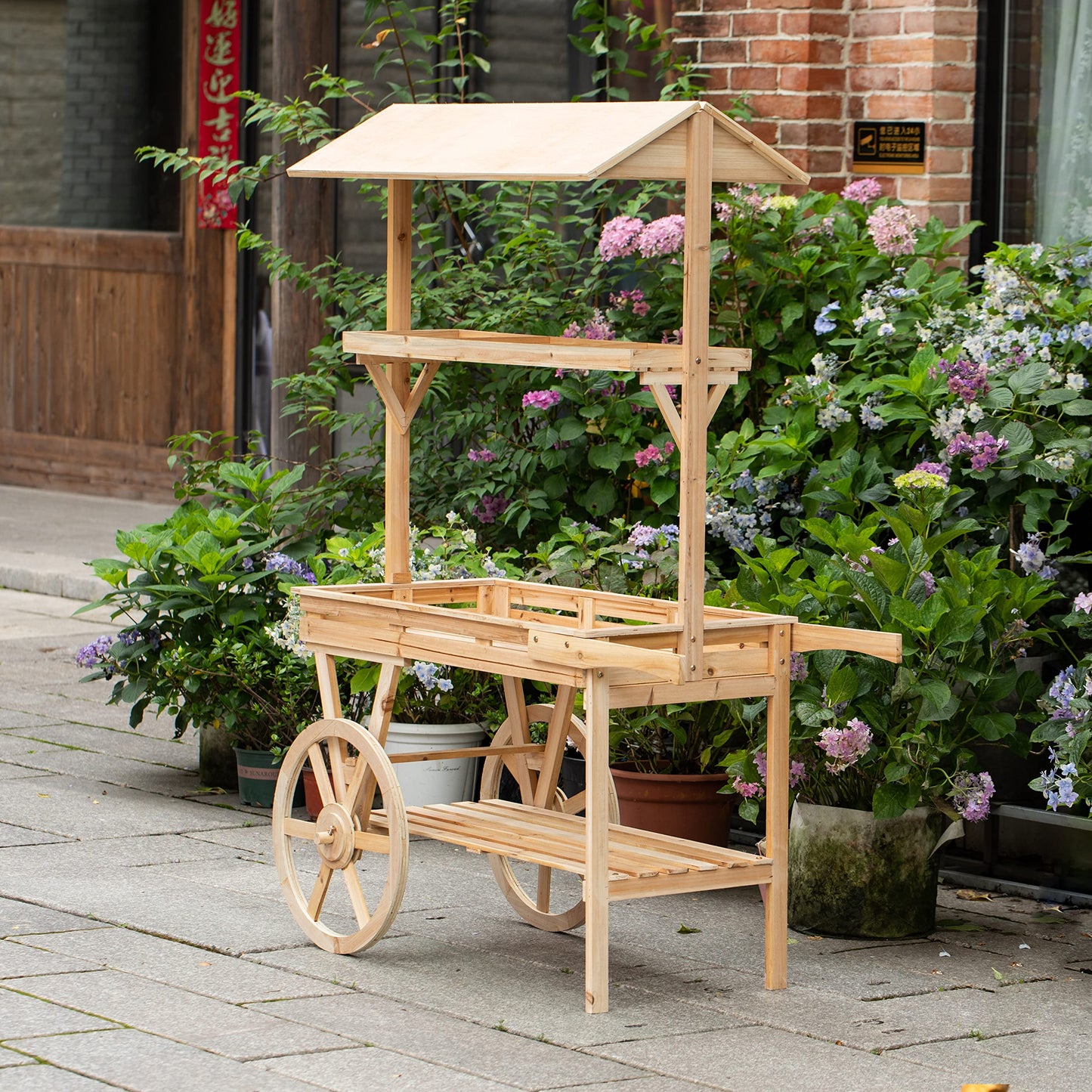 Vintiquewise Large Wooden 3 Tier Rolling Table Cart with 2 Wheels for Home Decor Modern Wagon with Shelves for Display Rack, Coffee Station, Food Stand, Beverage Bar, and Tea Stall