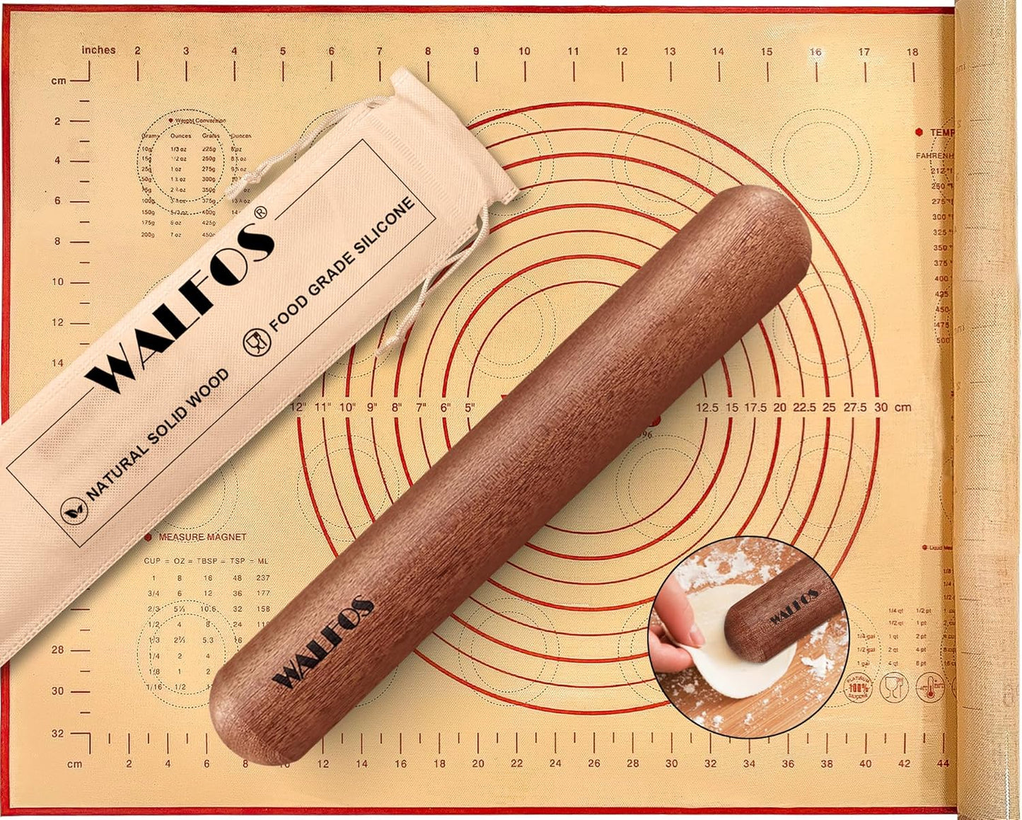 Walfos Mini Rolling Pin Set, Small Natural Wooden Rolling Pins with Non-Stick Silicone Baking Mat for Dough