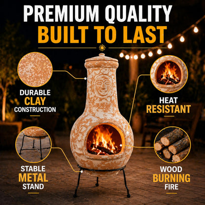 Outdoor Clay Chiminea Fireplace Sun Design Wood Burning Fire Pit with Sturdy Metal Stand, Barbecue, Cocktail Party, Cozy Nights Fire Pit (Beige)