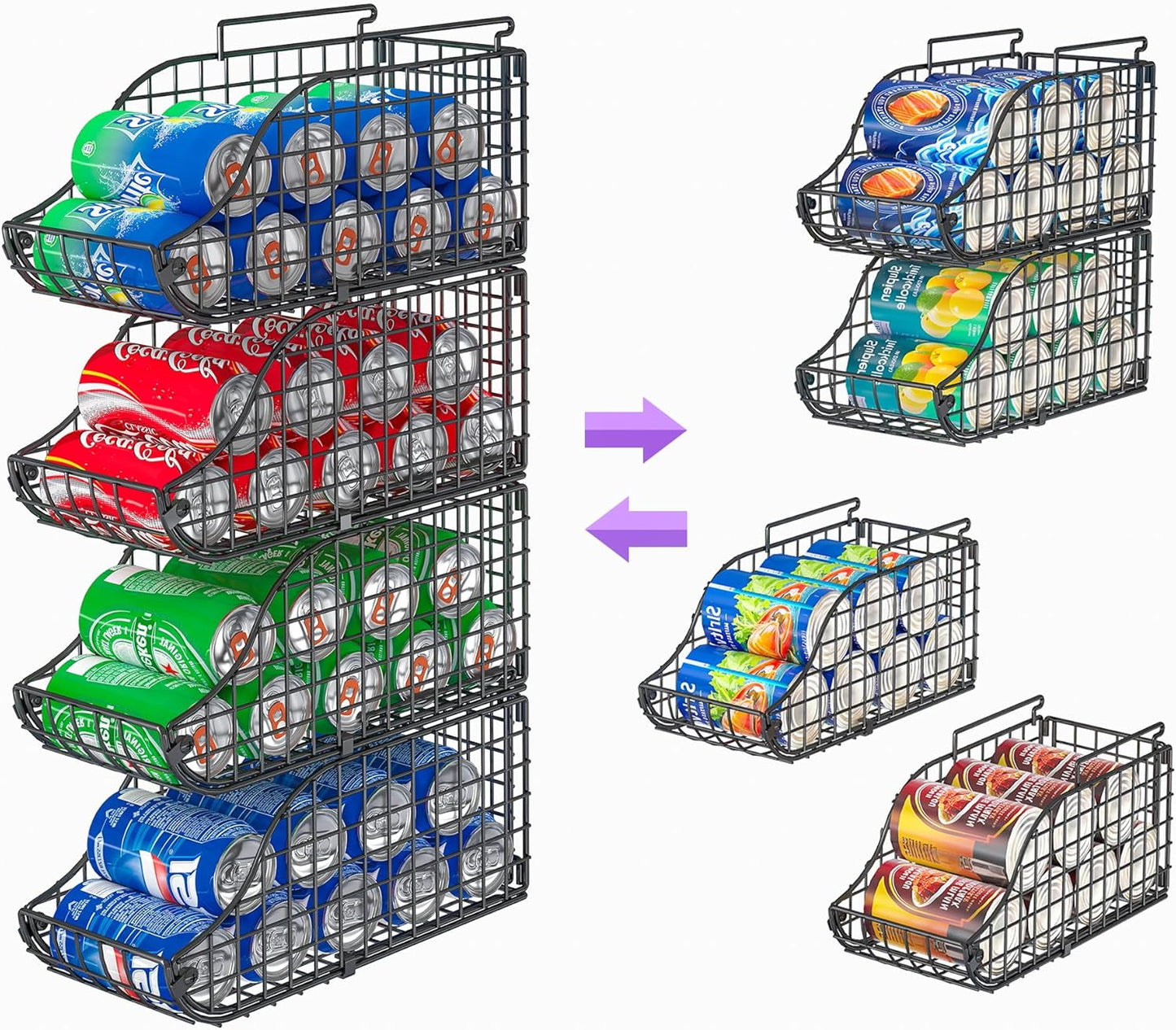 Sonyabecca 4-Pack Stackable Canned Food Organizer with Handles for Kitchen, Soda Can Organizer for Pantry Shelves, Wire
