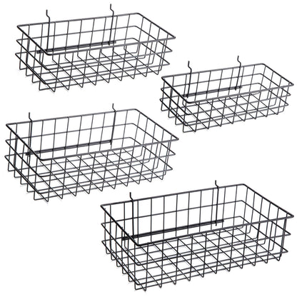 Pegboard Baskets, Set of 4 Black - Hooks to Any Peg Board - Pegboard Accessories, Square Style Wire Shelf Baskets - Organize Tools, Workbench, Garage Storage - Wall Organizer Attachments