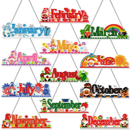 BreezeHug 12 Pcs Seasonal Diamond Art Wreath Kits Holiday 5d DIY Diamond Painting Signs Month Germ Hanging Art Ornaments Crystal Rhinestone Suncatcher for Wall Door Decorations(Gnomes)