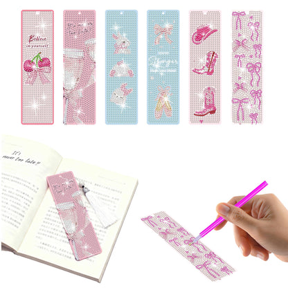 MUAECH 6 Pcs Diamond Art Bookmark Kit, Pink Bow Cute Theme 5D Diamond Painting Bookmarks with Tassels, Cute Rhinestone Craft Gift for Kids Adults Book Lovers, DIY Arts & Crafts for Beginners
