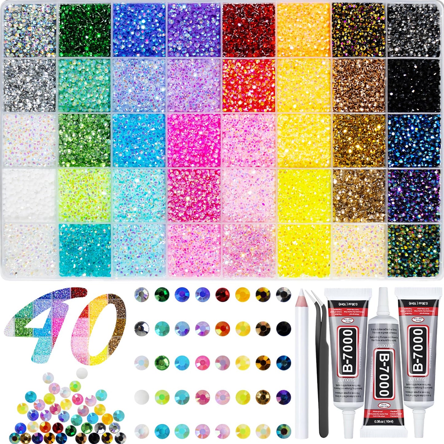 40000+Pcs Resin Jelly Rhinestones for Bedazzling Kit, 3mm Multicolor Flat Back Gems Bedazzler Kit with 3Pcs 10ml B7000 Jewelry Glue, Colorful Bulk Jewels for Diamond Nail Art