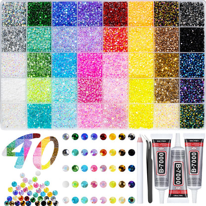 40000+Pcs Resin Jelly Rhinestones for Bedazzling Kit, 3mm Multicolor Flat Back Gems Bedazzler Kit with 3Pcs 10ml B7000 Jewelry Glue, Colorful Bulk Jewels for Diamond Nail Art