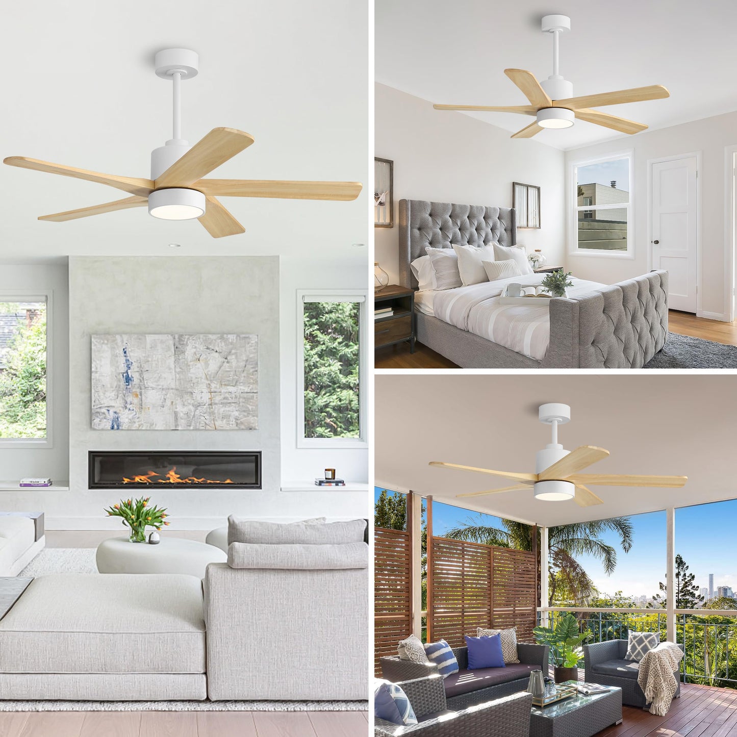 WINGBO 48 Inch DC Ceiling Fan with Lights and Remote Control, 5 Carved Solid Wood Blades, 6-Speed Noiseless Reversible DC Motor, Indoor Ceiling Fan in Gloss White Finish with Oak Blades