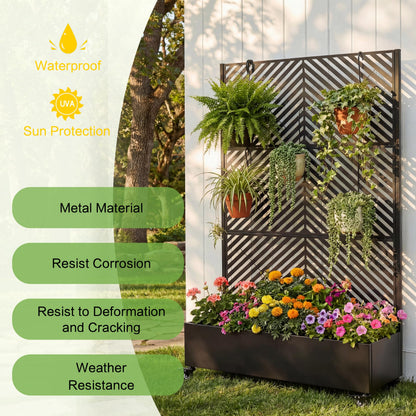 KEIKI 73"x47"x16" Planter Trellis Box with Wheels & Drain Plug, Outdoor Resin Raised Garden Bed for Climbing Plants, Large Weather-Resistant Design, Black