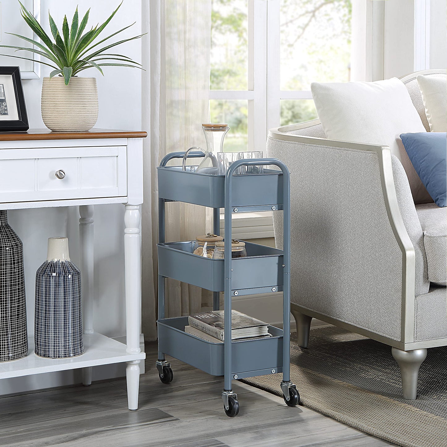 SunnyPoint 3-Tier Delicate Compact Rolling Metal Storage Organizer - Mobile Utility Cart Kitchen/Under Desk Cart with Caster Wheels - Blue (15.35" X 10.24" X 26.8"H)