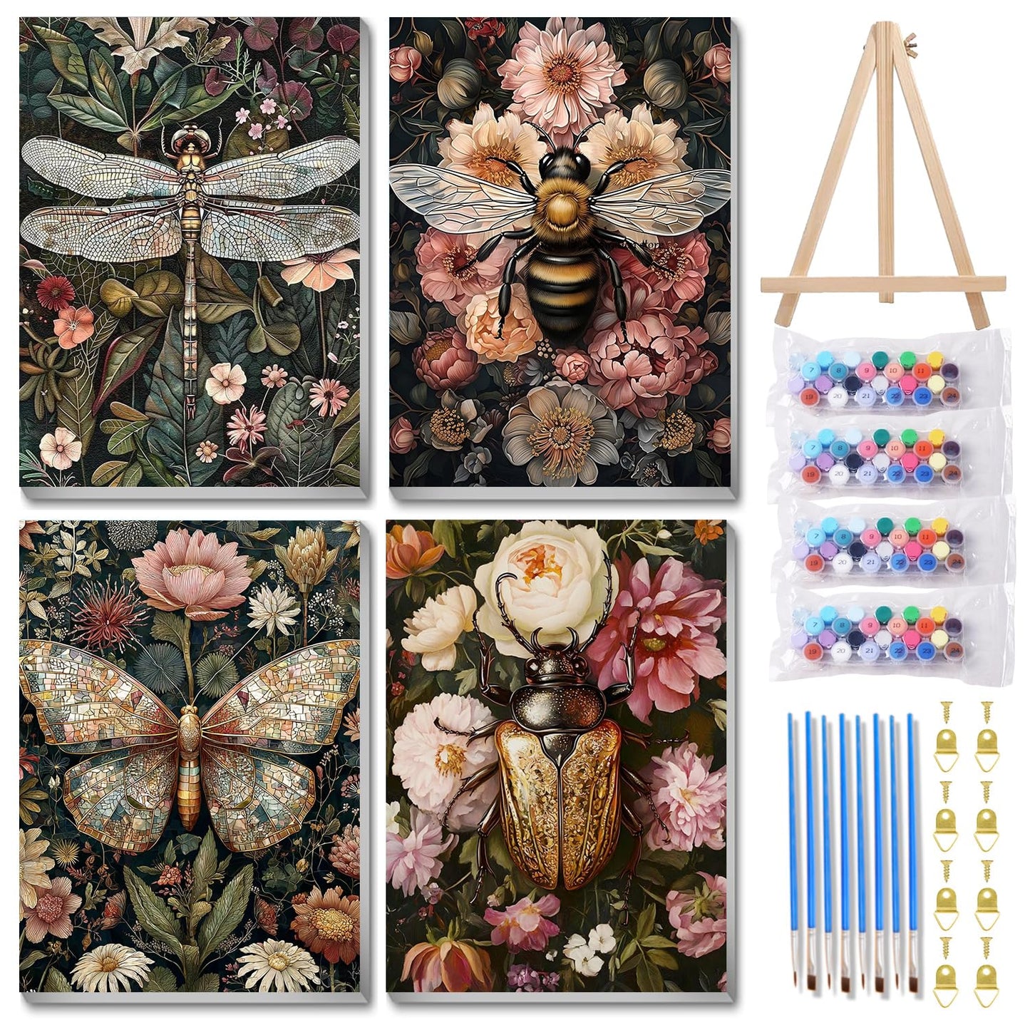 4 Pack Paint by Numbers Kit for Adults with Wooden Frames, Dragonfly Butterfly Bee Bettle Paint by Number for Adults Beginners, Paint by Numbers on Canvas Acrylic for Home Wall Art Decor 9.8x13.7 Inch