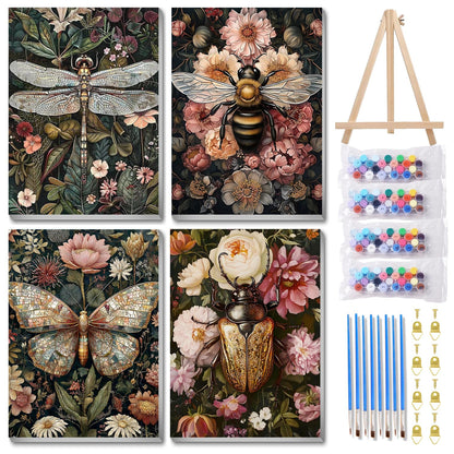 4 Pack Paint by Numbers Kit for Adults with Wooden Frames, Dragonfly Butterfly Bee Bettle Paint by Number for Adults Beginners, Paint by Numbers on Canvas Acrylic for Home Wall Art Decor 9.8x13.7 Inch