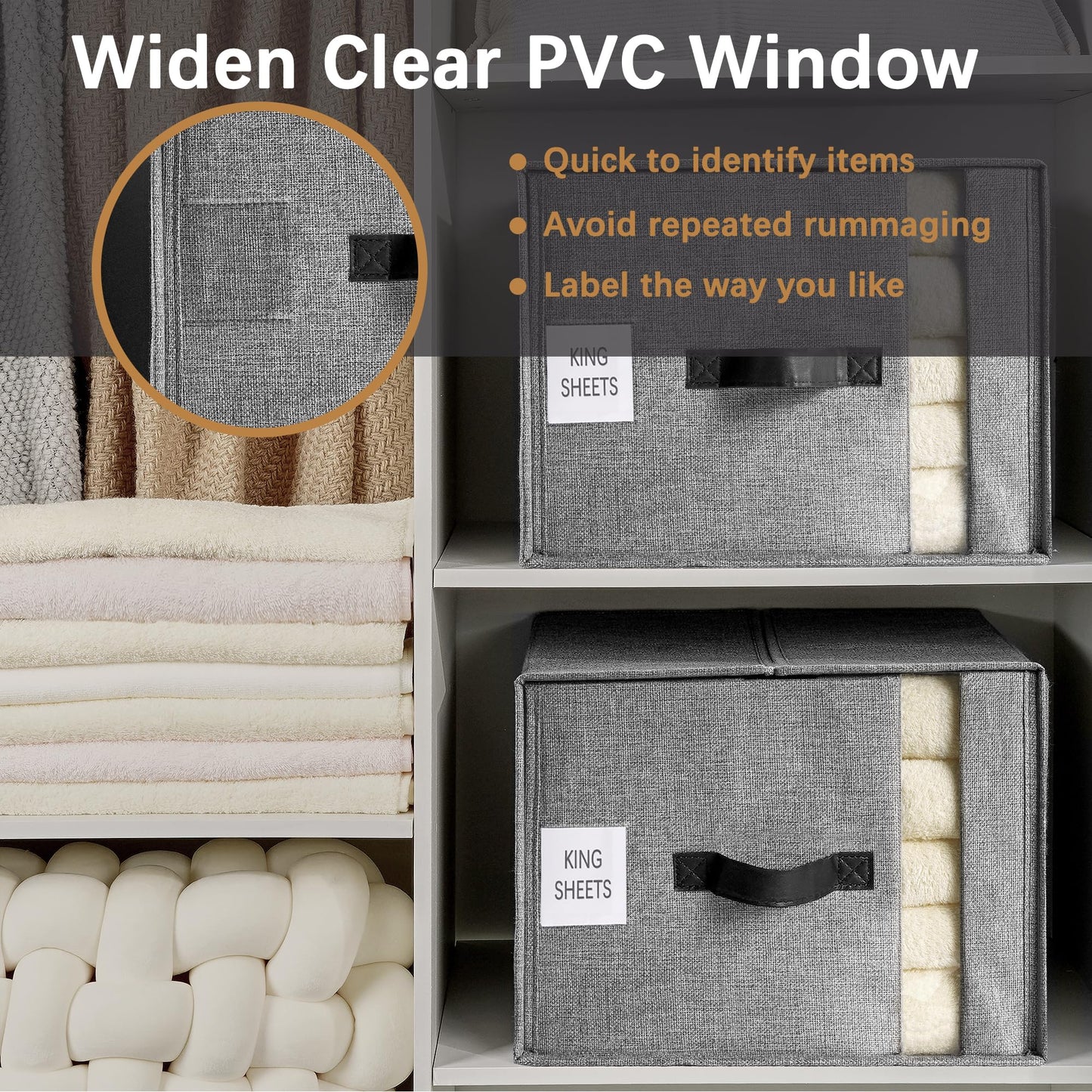 VECELO Bed Sheet Organizers and Storage, 2 IN 1 Foldable Sheet Organizer for Linen Closet with Window and Label, Bedding Storage Box for Blanket Queen and King Sheets Set Comforter Pillow, 2 Pack