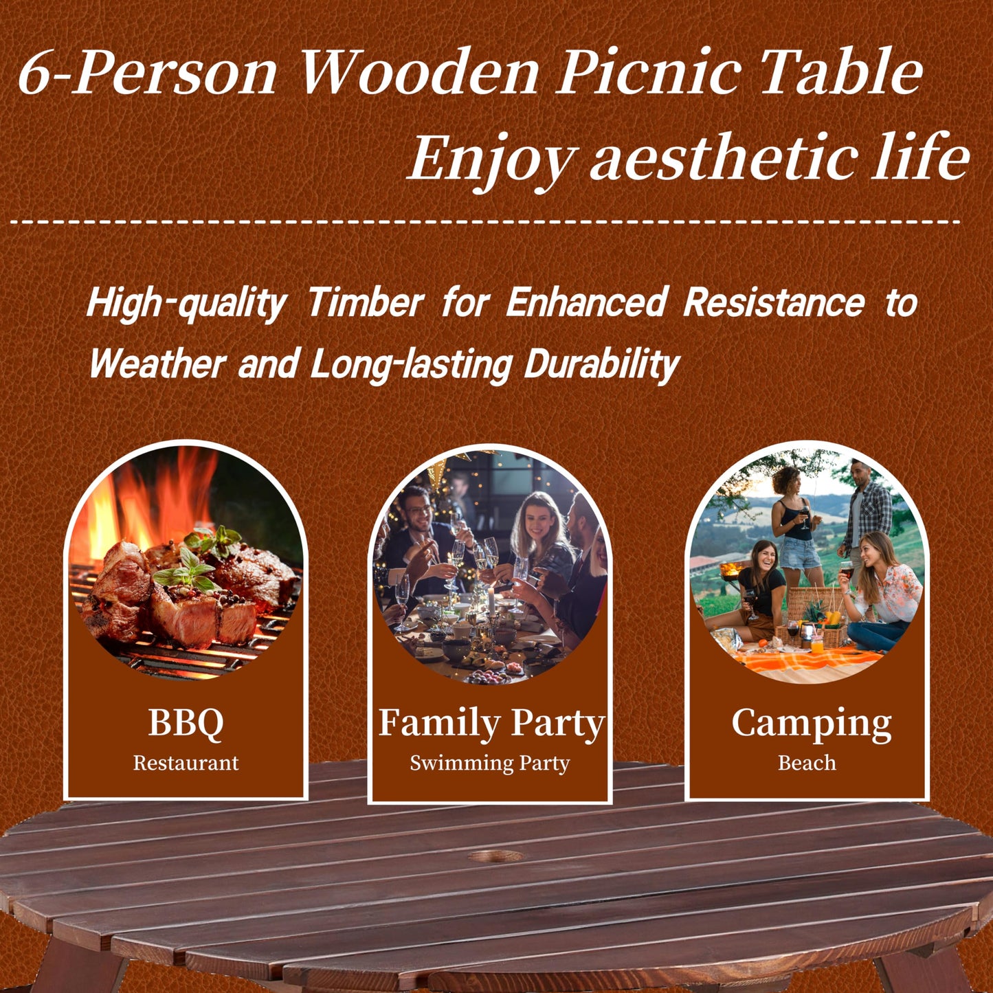 Royard Oaktree 6 Person Wooden Picnic Table, Outdoor Round Picnic Table with 3 Built-in Benches and Umbrella Hole, Outside Table and Bench Set for Backyard, Garden, Porch, Patio, Brown