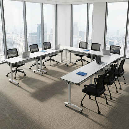 Conference Room Table, Foldable Flip Top Mobile Training Table with Wheels, 47.2 Inch Modern Rectangular Meeting Seminar Desk, Waterproof Metal Frame for Office, Classroom & Boardroom