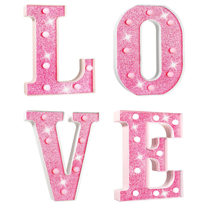 Valentine’s Day Decorations – Galentines LED LOVE Marquee Light Letters, Pink Glitter Battery Operated Tabletop Sign for Home, Party, Shelf and Mantel Décor