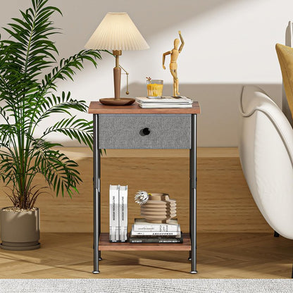 VECELO End Tables, Modern Nightstands with Drawer & Open Shelf, Side Table for Bedroom Living Room, Industrial Metal Frame, Easy Assembly, Rustic Brown,1 Pack