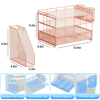 gianotter Desk Organizers and Accessories with File Holder, 4-Tier Desk Accessories & Workspace Organizers with Drawer and 2 Pen Holder, Paper Organizer for Office Supplies (Rose Gold)
