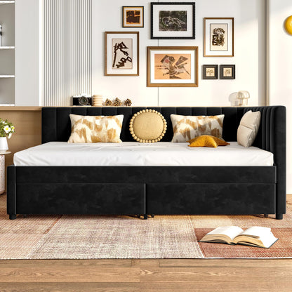 KEIKI Full Size Corner Daybed with 2 Storage Drawers, Upholstered Velvet Bed Frame, L Shaped Sofa Bed with Backrest, Wooden Slats Support, No Box Spring Needed for Guest Room, Small Space, Black
