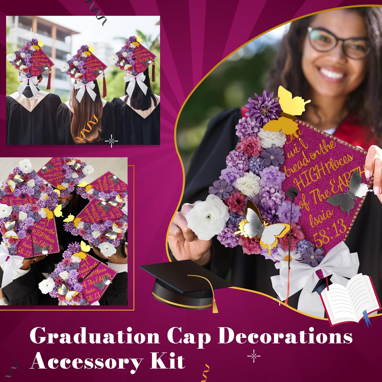 68 Pcs Purple DIY Graduation Cap Decorations Accessory Kit 3D Artificial Flowers White Bows Butterfly Glitter Alphabet Number Pearl Stickers for DIY Hat Grad Cap Topper Graduation Party Supplies