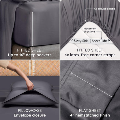 Bambaw Bamboo Sheets Queen Size Set - 4-Piece Cooling Luxury Bed Sheets, Super Soft & Deep Pocket (Charcoal)