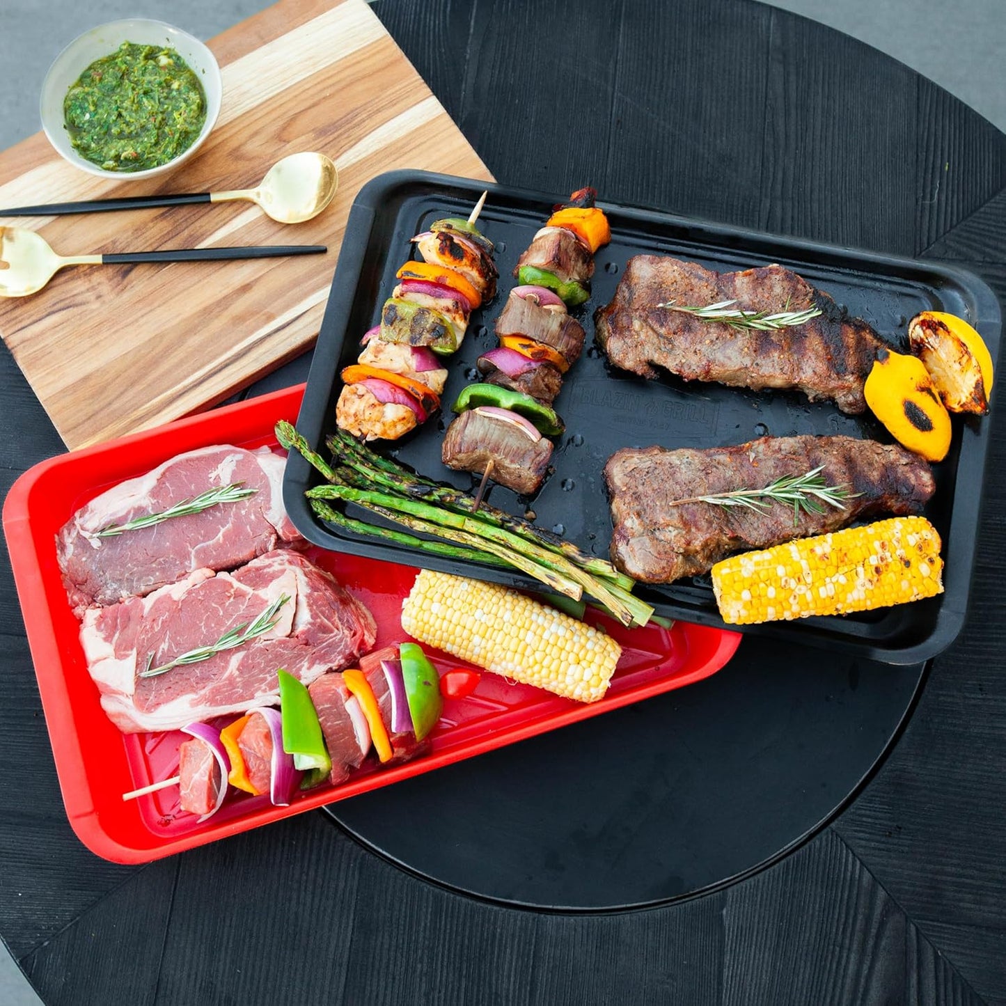 BLAZIN' GRILL Prep and Serve Trays, Set of 2 Stackable Melamine Trays for Serving and Marinating Food, BBQ Prep Tub