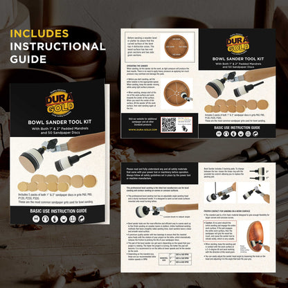 Dura-Gold Woodturning Bowl Sander Tool Kit - 1" & 2" Hook & Loop Backing Pads, 50 Sanding Discs (60 to 320 Grit), Dual Bearing, Hardwood Handle, 1/4" Mandrel, Sandpaper Woodworking