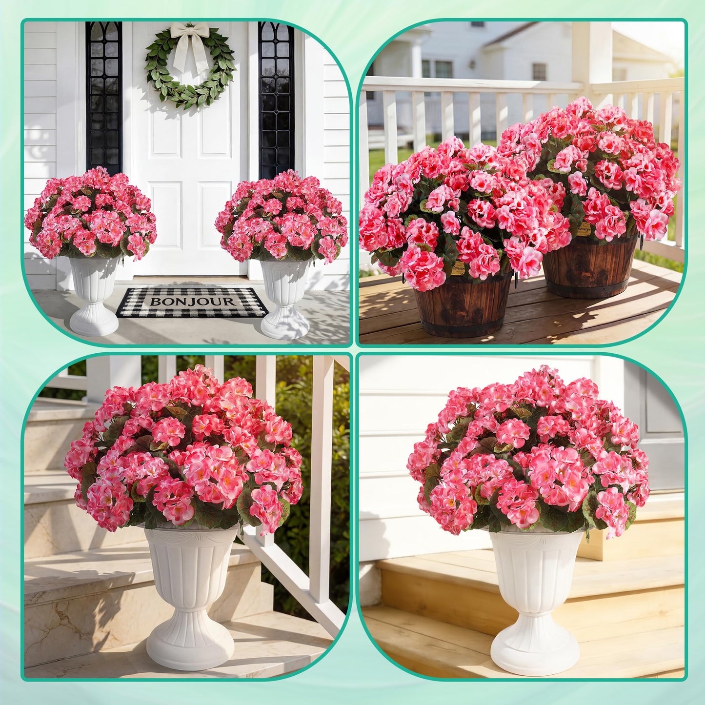 Apexion Artificial Geranium Flowers for Outdoors, 6 pcs Silk Geraniums Fake Flowers UV Resistant Faux Plants for Front Door Garden Porch Planter Decoration (Pink)
