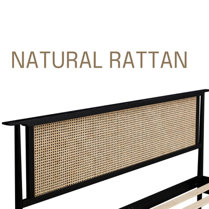 NTC Ruby Wooden Bed Frame with Headboard and Natural Rattan, Solid Oak Foundation with Silent Slats, 1000 Lb Capacity, Effortless Assembly, King - Burnt Black