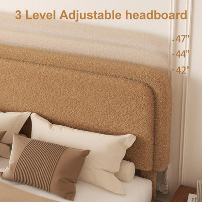 viplov Queen Size Boucle Upholstered Platform Bed Frame with Adjustable Headboard, Soft Cloud Bed, No Box Spring Needed, Noise Free, Easy Assembly, Brown