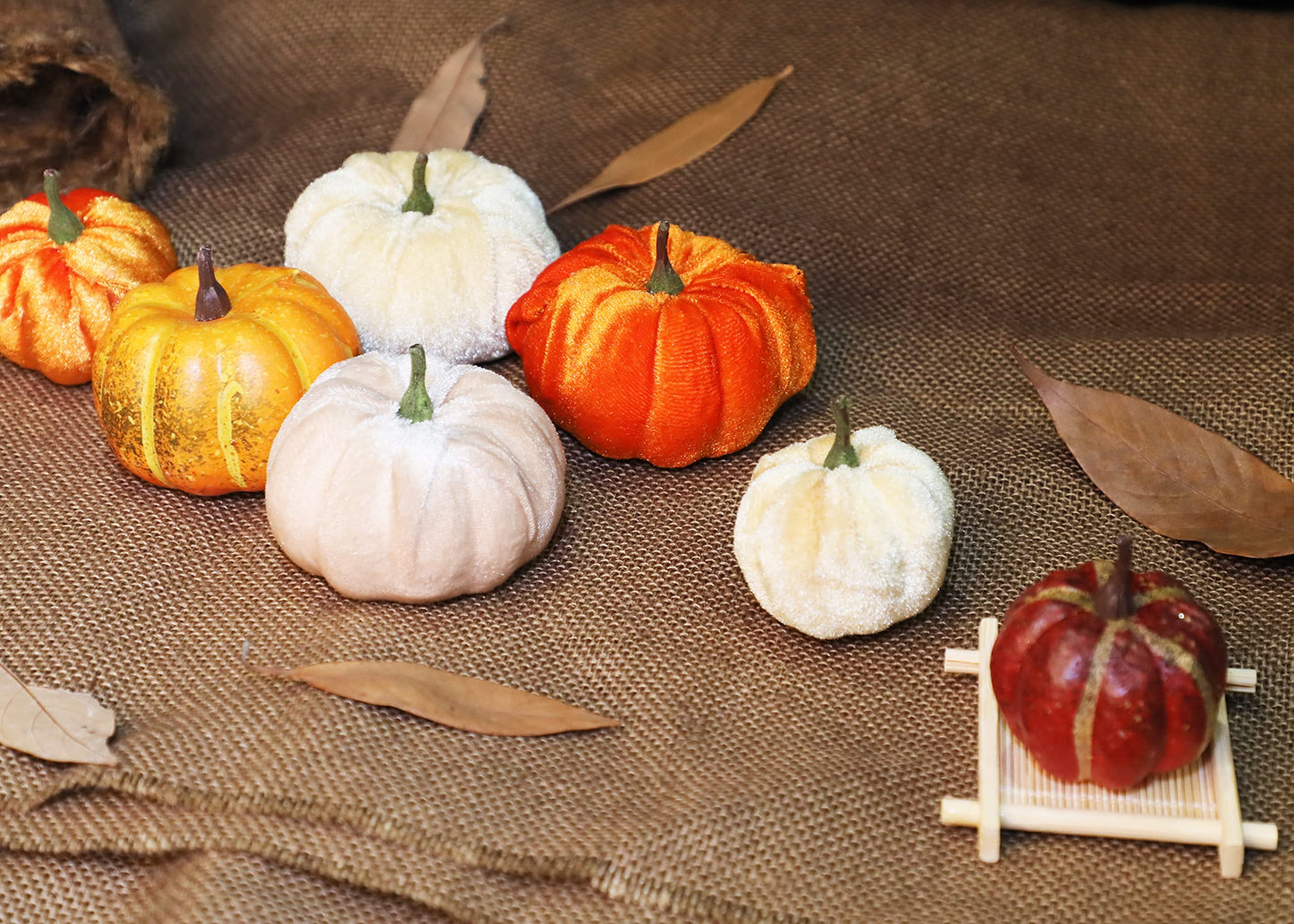 Romingo Artificial Pumpkins 12PCS Fake Artificial Velvet Small Pumpkins for Halloween, Fall and Thanksgiving Party Decoration