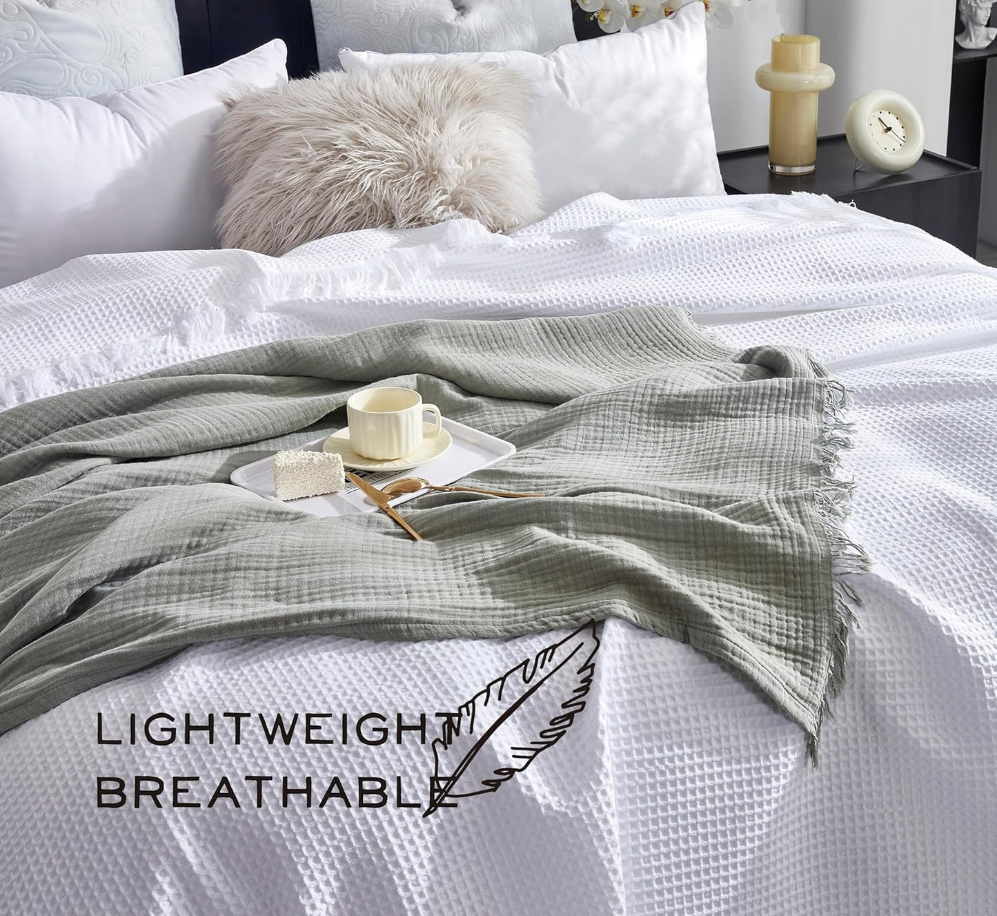 KyraHome 100% Organic Cotton 50"x60" Muslin Blanket for Adults, Couch, Pre-Washed Plant Dyed (Sage Green)