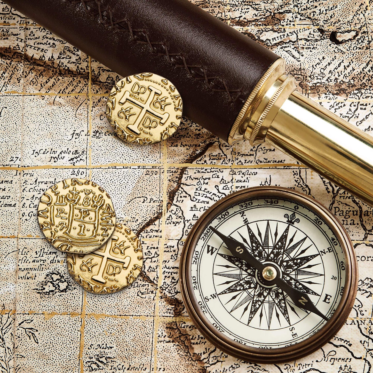 Leib Games Metal Pirate Coins - 35 Gold Treasure Coin Set, Metal Replica Spanish Doubloons for Pirate Party Decorations & Favors, Tokens, Toys, Cosplay - Pirate Treasure Chest, Size 7/8"