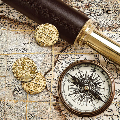 Leib Games Metal Pirate Coins - 35 Gold Treasure Coin Set, Metal Replica Spanish Doubloons for Pirate Party Decorations & Favors, Tokens, Toys, Cosplay - Pirate Treasure Chest, Size 7/8"
