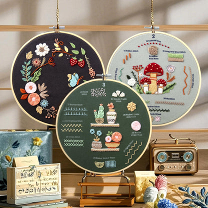Craftwiz 4-Piece Starter Embroidery Kit for Beginners with Simple Patterns, Learn to Embroider 31 Stitches with Hand Embroidery Kit