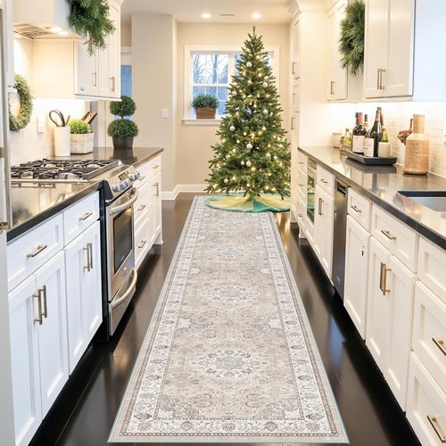 Hallway Vintage Washable Runner Rug - Soft Non-Slip Indoor Carpet for Entryway, Kitchen & Living Room (3x16, Beige)
