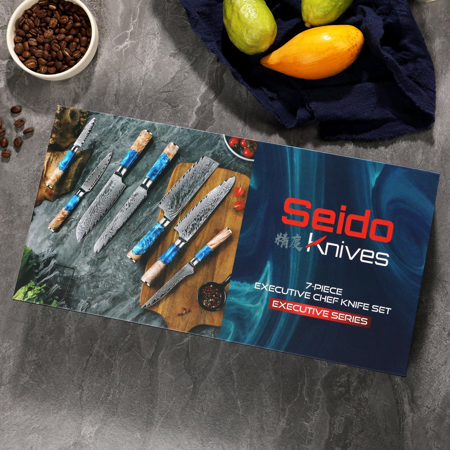 Seido Knives 7-Piece Executive Damascus Steel Knife Set with Japanese VG-10 Super Steel Core - Home Kitchen Knife Set - Professional Design Handle Blue Resin Epoxy and Strong Stabilized Wood