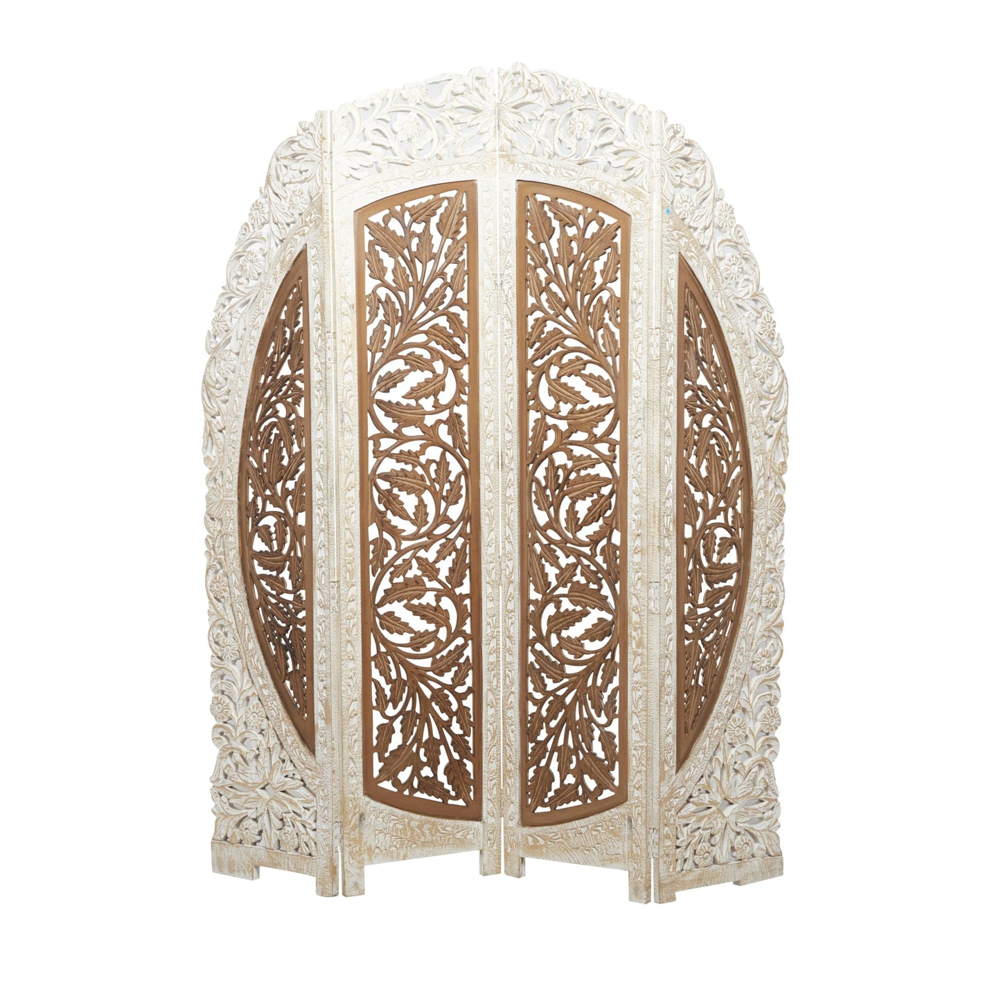 Deco 79 Mango Wood Floral Handmade Partition Room Divider Screen Foldable Arched Partition 4 Panel Privacy Screen with Intricately Carved Designs, Room Partition 62" x 1" x 72", Brown