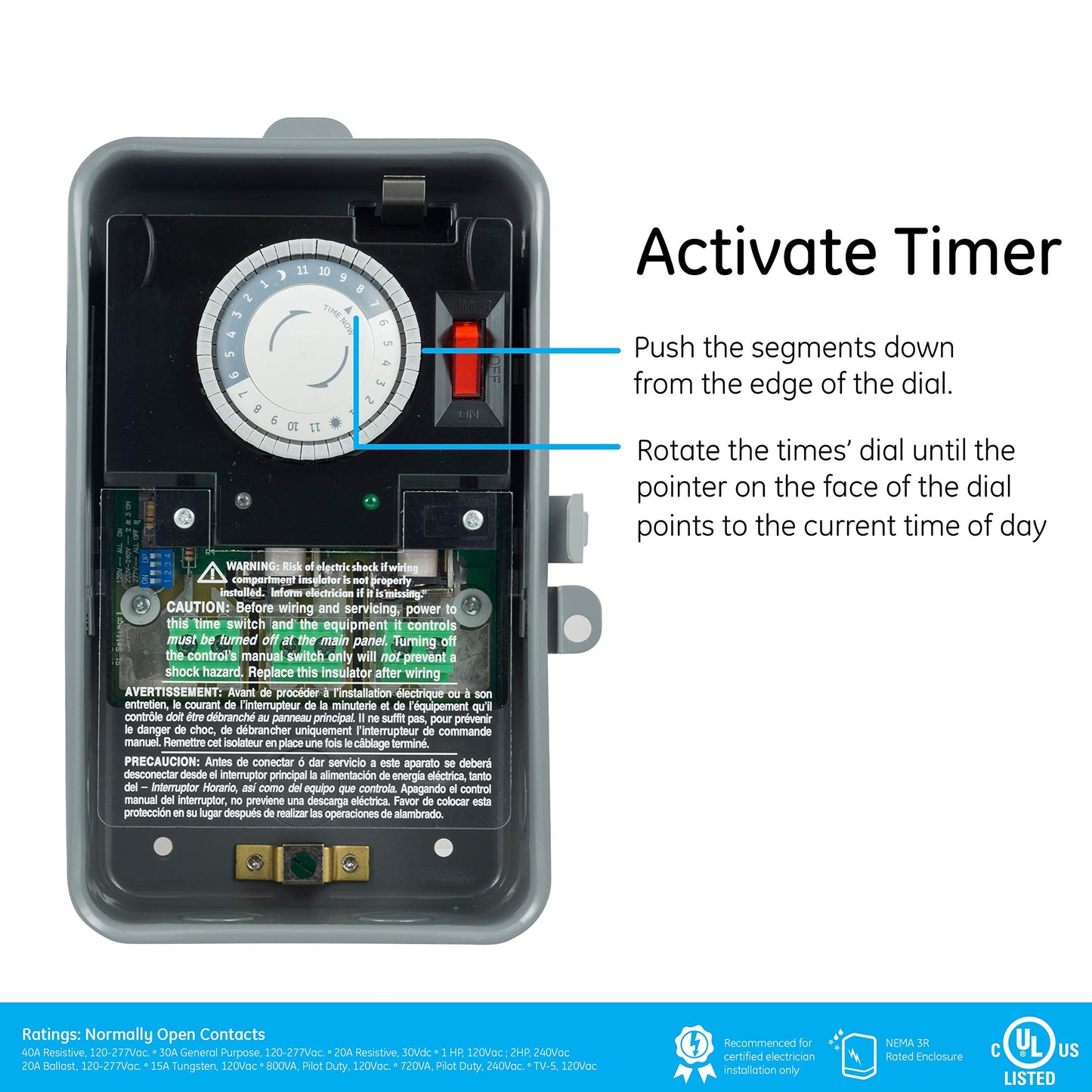 GE 24-hour Mechanical Pool Timer Switch, 2HP 40A Load Capacity Pool Pump Timer, Outdoor NEMA 3R-Rated Box , Universal Voltage Replacement, Water Heater , Tamper Resistant, 46536