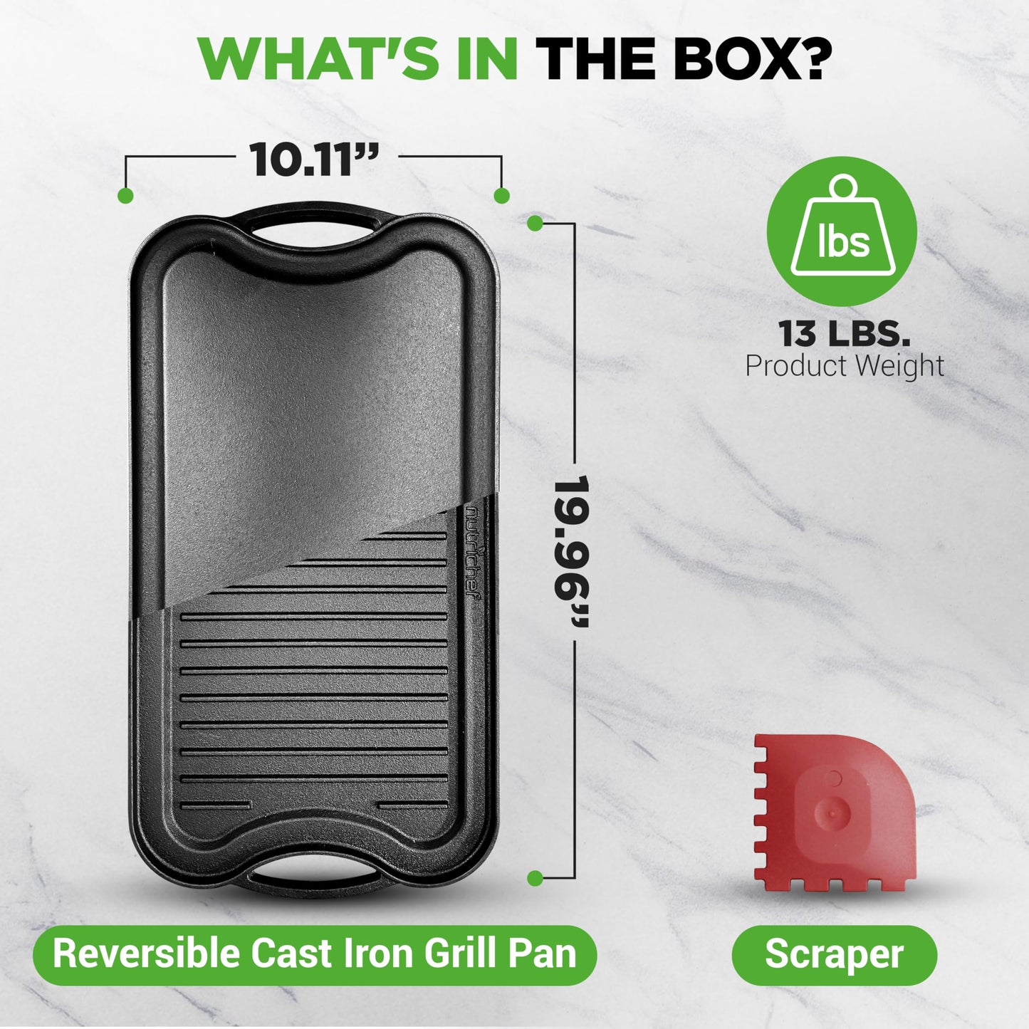 NutriChef 20"x10" Reversible Cast Iron Griddle Pan – Flat & Grill Sides, Pre-Seasoned, Oven Safe, Extra-Wide, PFOA & PFOS Free, for Gas, Electric, or Outdoor Cooking
