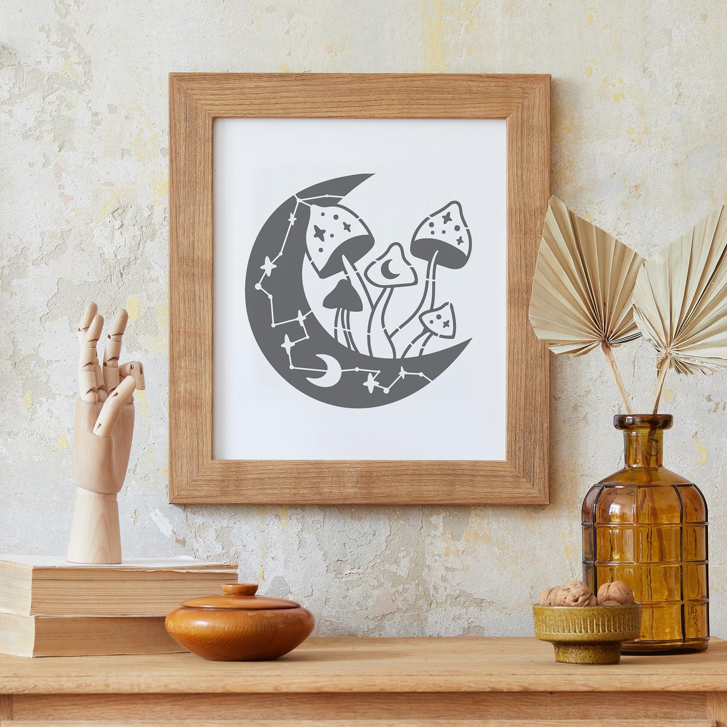 Keluna Mushroom Stencils for Painting, 18 Pcs Bohemian Art Craft, 12 Inch Large Reusable Crescent Moon Phase Drawing Template for Wood Wall Canvas Home Decor