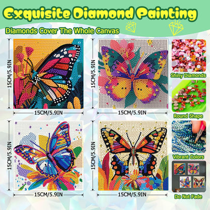 ICYANART 4 Pack Butterfly Diamond Art Painting Kits for Kids Butterfly Diamond Art Painting for Kids Ages 6-8-12 Gem Art Small for Girs for Gifts and Home Wall Decor 7x7inch