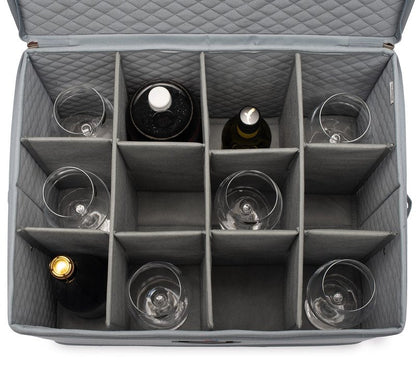 MOJECTO Extra Large Tall Hard Stemware Storage Box (20x15.5x13.2 In). 12-Large Padded Compartments For Wine Bottles, Glasses, Flutes, martini Up To 13.2 In Tall