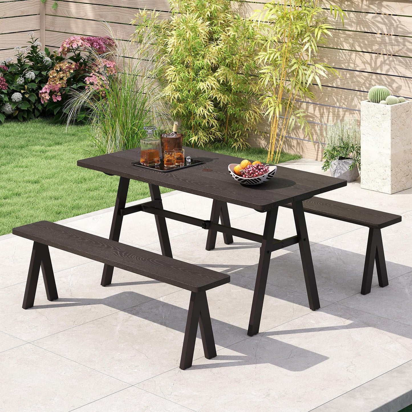Giantex 3-Pieces Outdoor Picnic Table Set for 6 People, Rustproof Patio Dining Furniture Set with 1.93" Umbrella Hole, 800lbs Capacity Bench, 59" Camping Table for Porch Deck Yard Garden Lawn